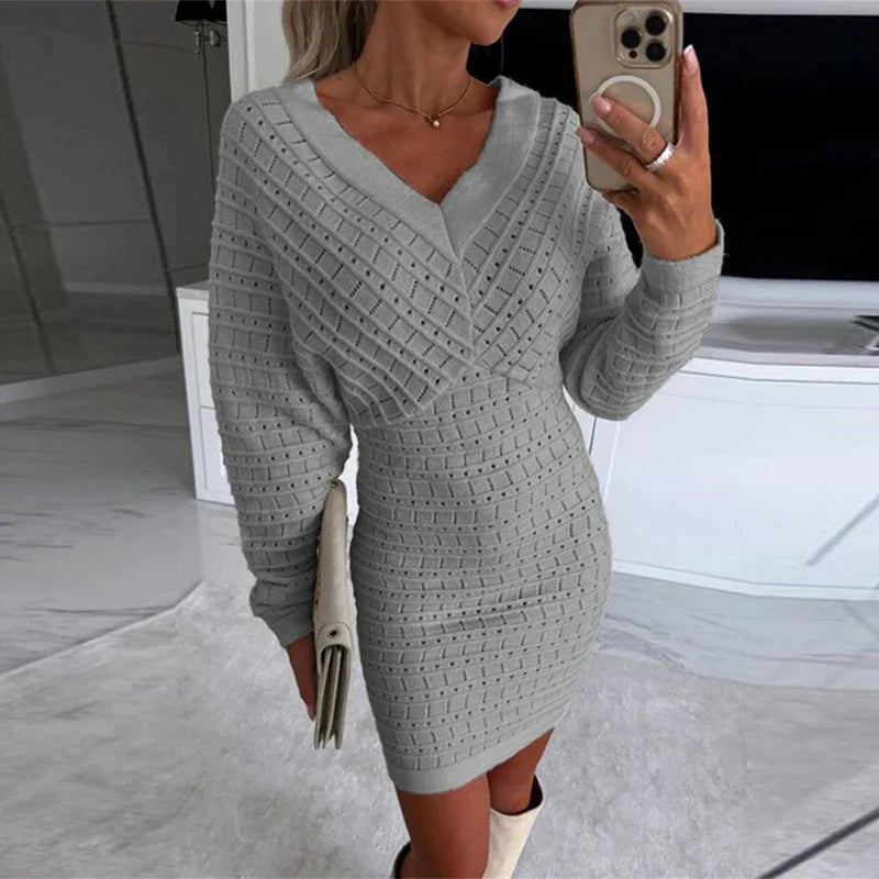 Eloisa™ Rochie tricotata cu maneci lungi si decolteu in V