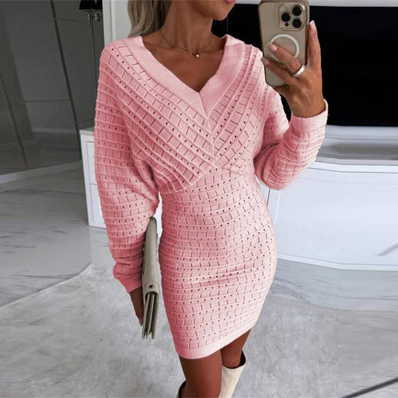 Eloisa™ Rochie tricotata cu maneci lungi si decolteu in V