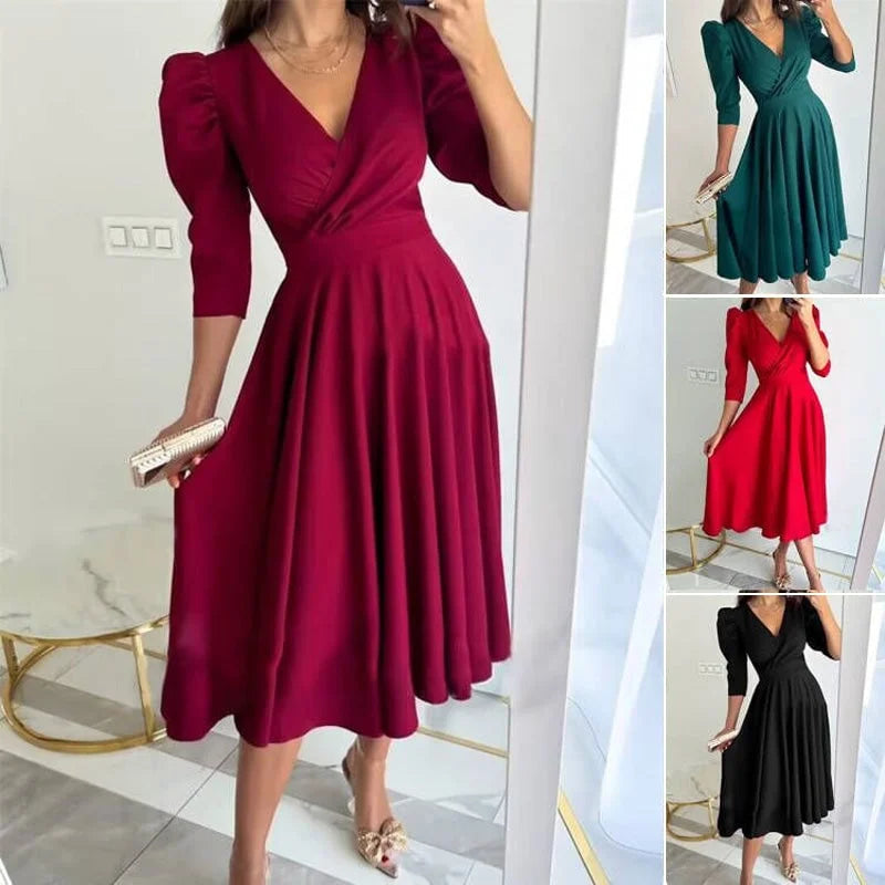 Messalina™ Rochie midi cu decolteu în V plisat și talie subțire
