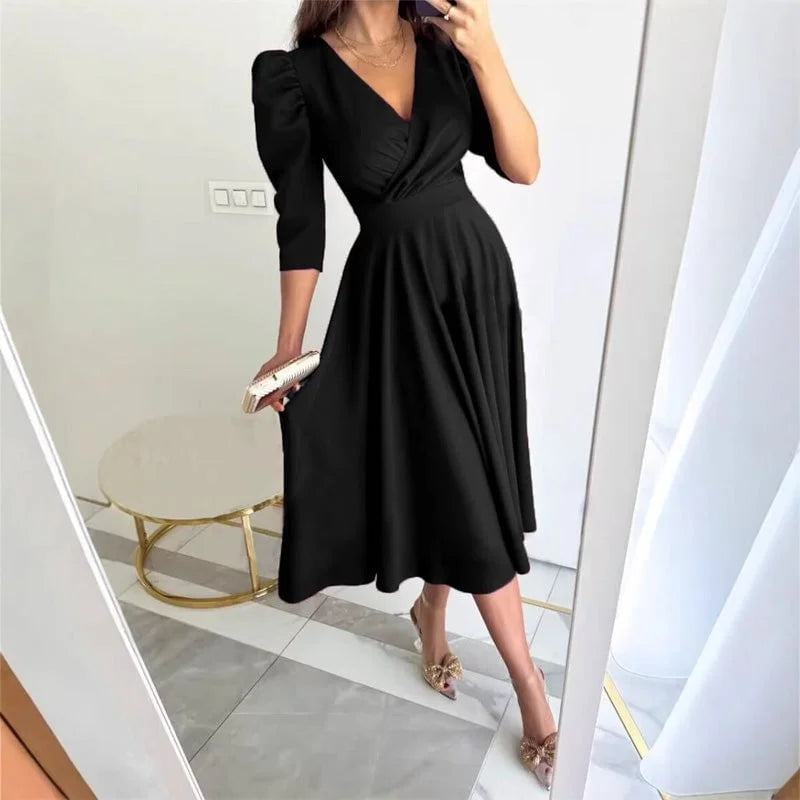 Messalina™ Rochie midi cu decolteu în V plisat și talie subțire