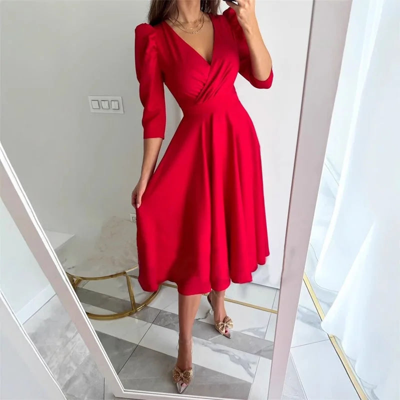 Messalina™ Rochie midi cu decolteu în V plisat și talie subțire
