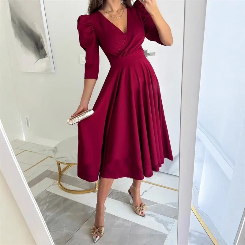 Messalina™ Rochie midi cu decolteu în V plisat și talie subțire