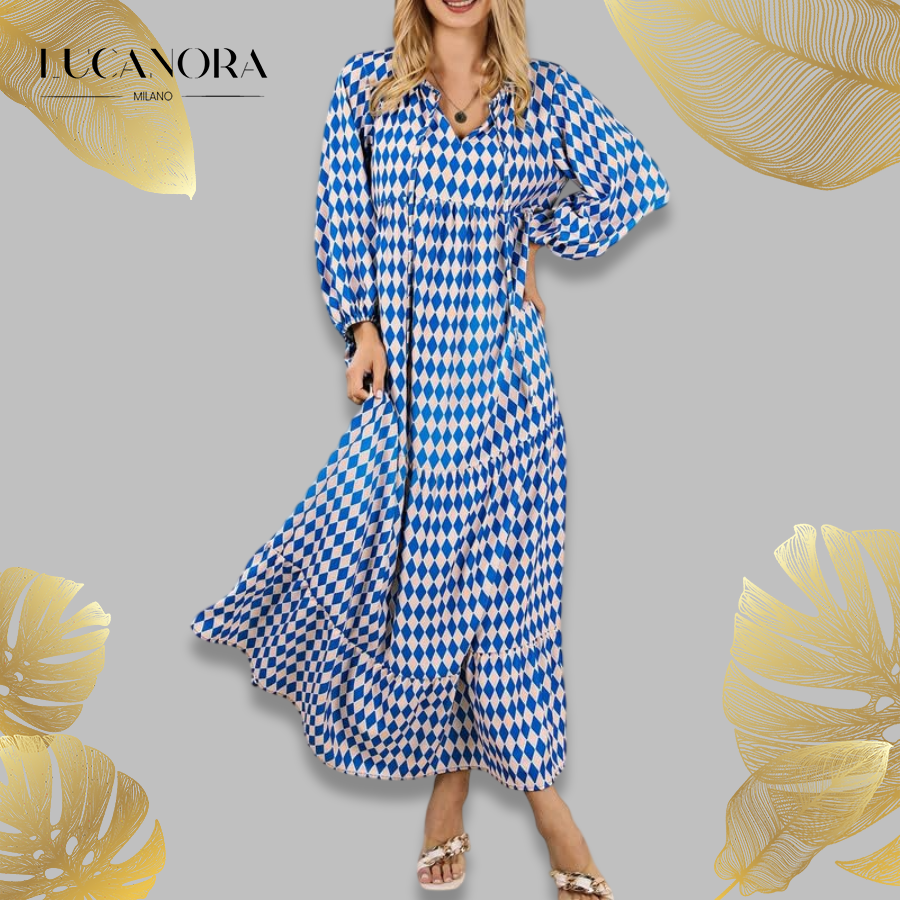Miriam™ Rochie geometrică boemă maxi cu mâneci bufante