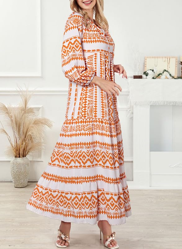 Miriam™ Rochie geometrică boemă maxi cu mâneci bufante