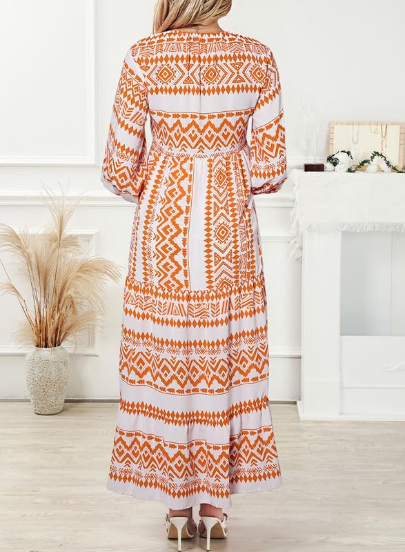 Miriam™ Rochie geometrică boemă maxi cu mâneci bufante