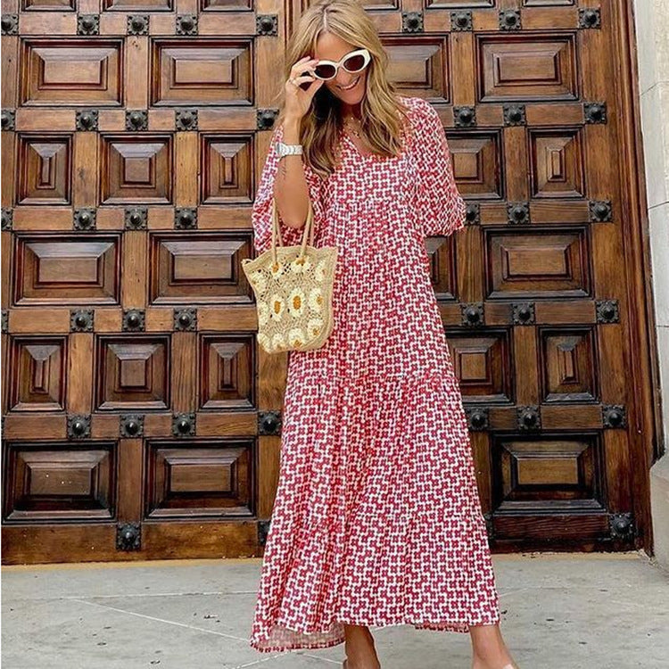 Miriam™ Rochie geometrică boemă maxi cu mâneci bufante