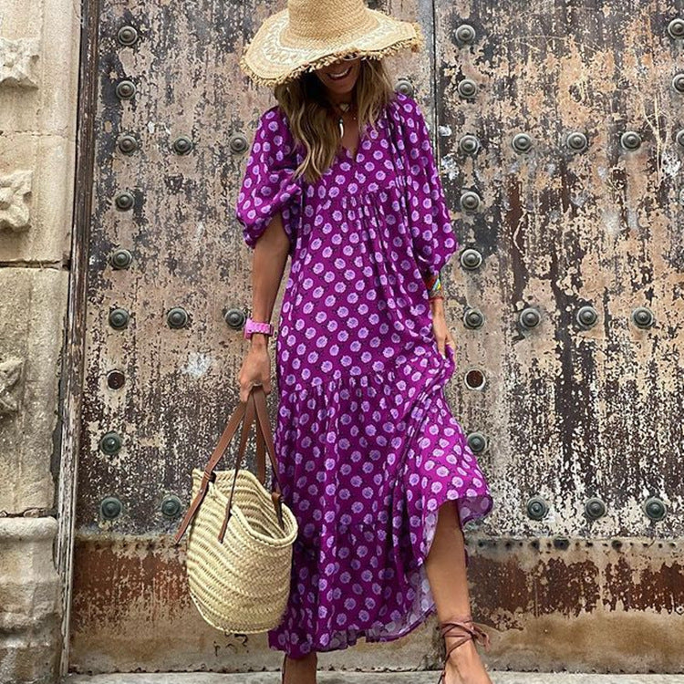 Miriam™ Rochie geometrică boemă maxi cu mâneci bufante