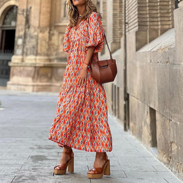 Miriam™ Rochie geometrică boemă maxi cu mâneci bufante