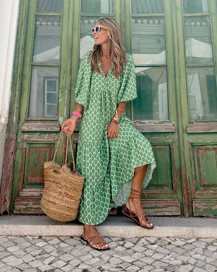 Miriam™ Rochie geometrică boemă maxi cu mâneci bufante