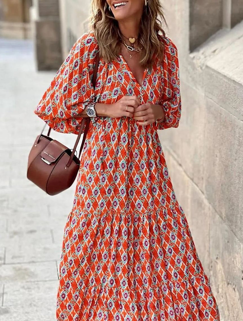 Miriam™ Rochie geometrică boemă maxi cu mâneci bufante