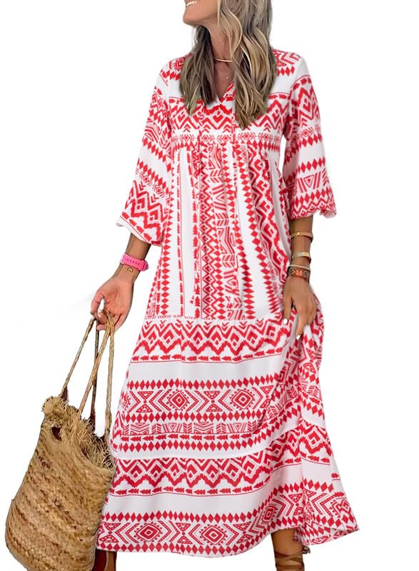 Miriam™ Rochie geometrică boemă maxi cu mâneci bufante