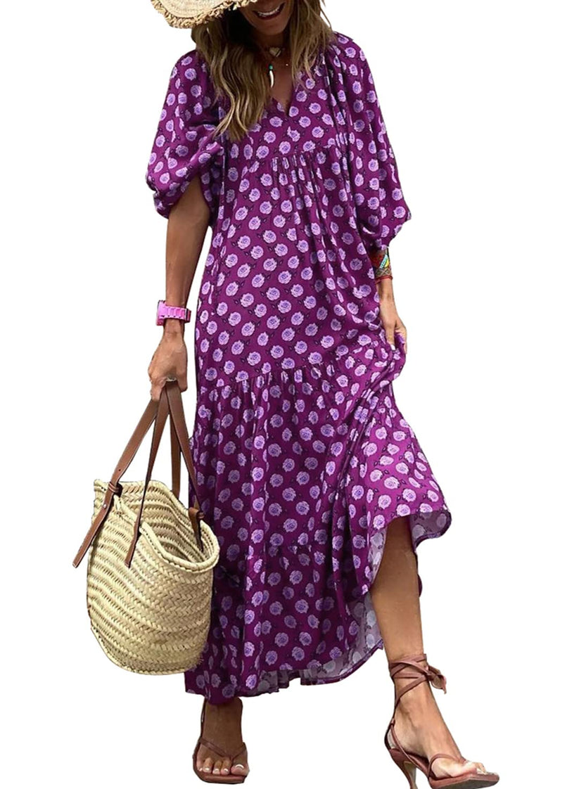 Miriam™ Rochie geometrică boemă maxi cu mâneci bufante