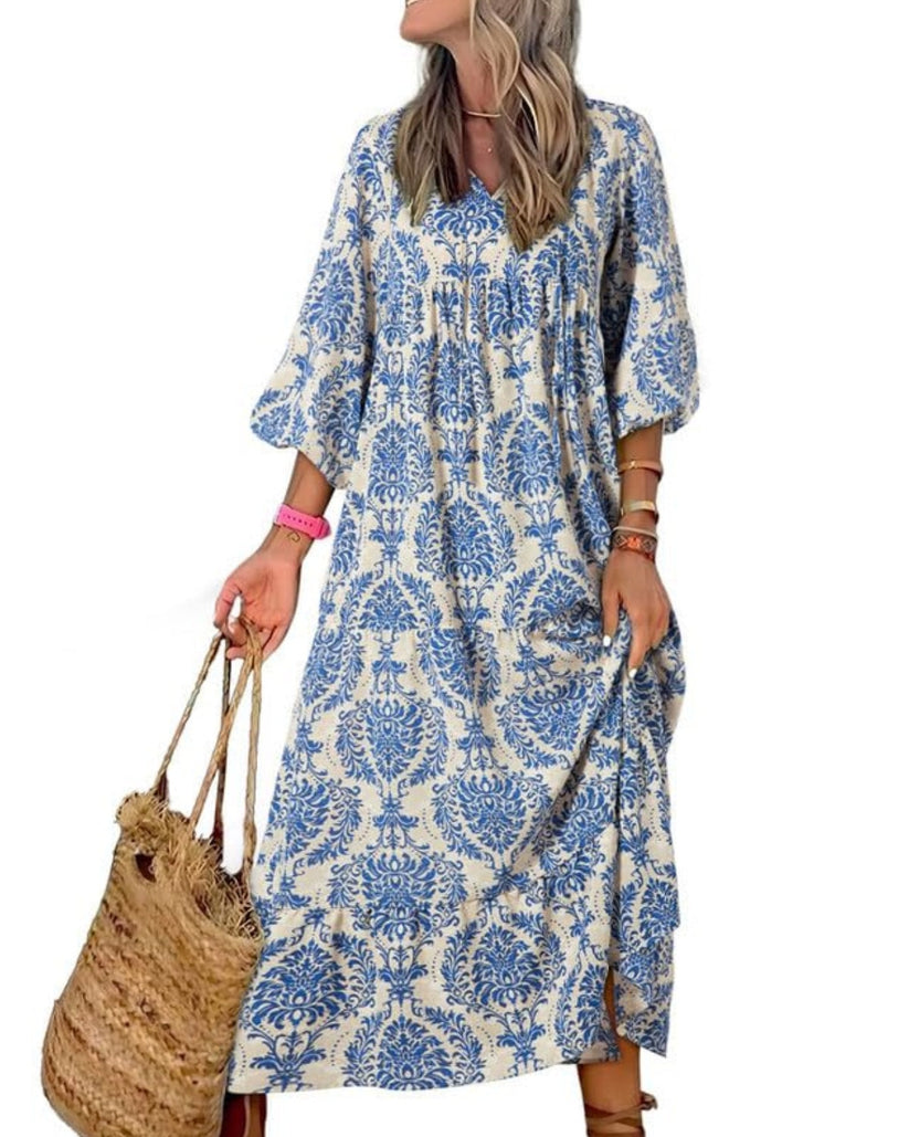 Miriam™ Rochie geometrică boemă maxi cu mâneci bufante