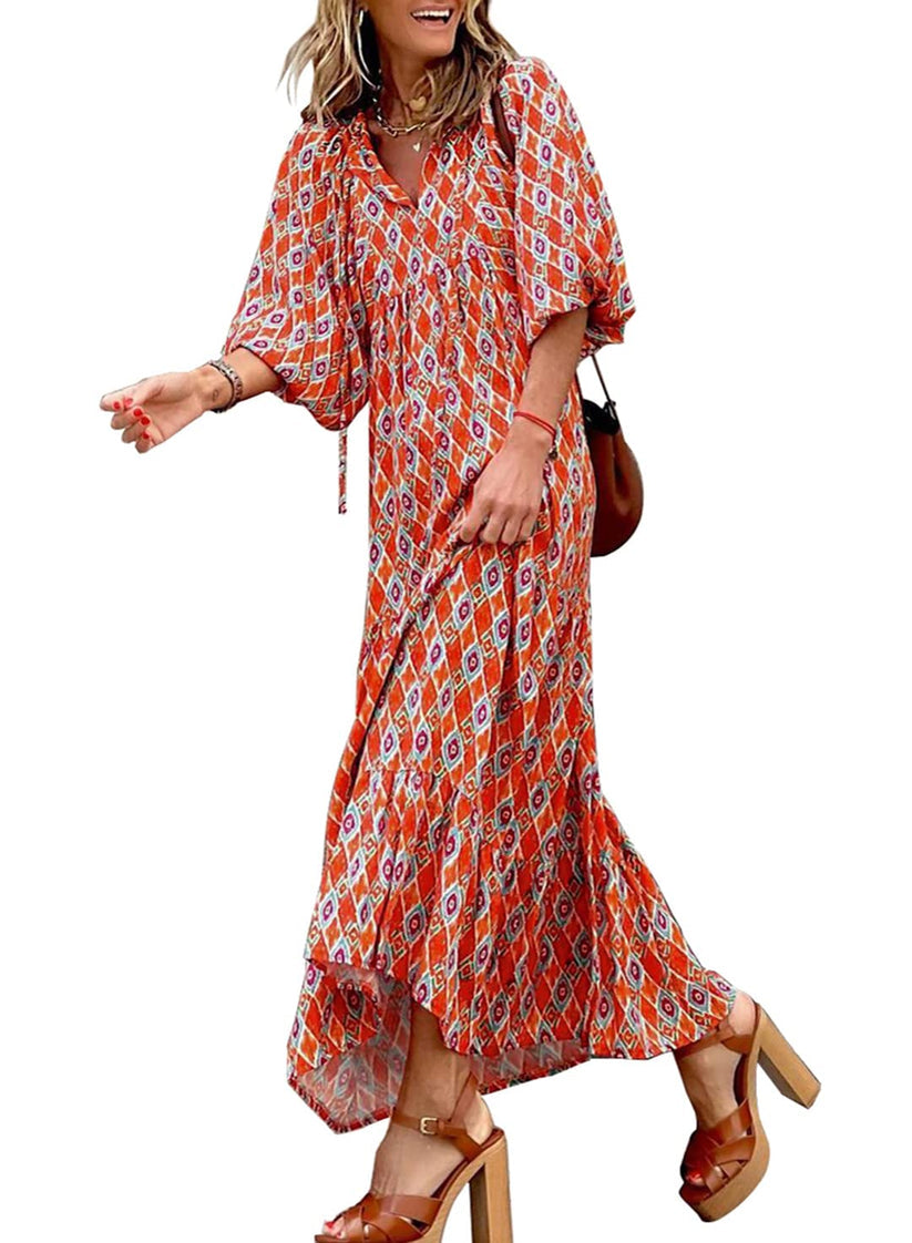 Miriam™ Rochie geometrică boemă maxi cu mâneci bufante