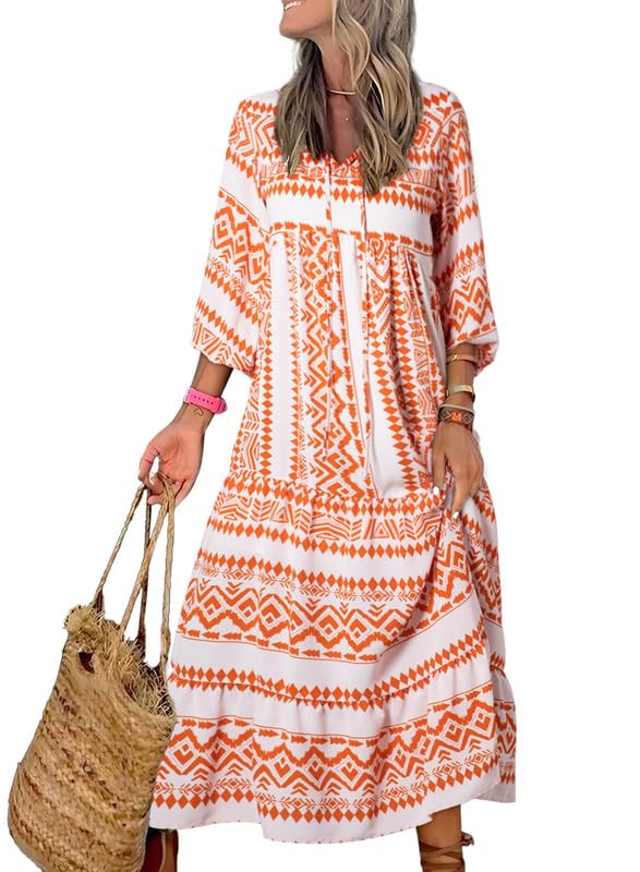 Miriam™ Rochie geometrică boemă maxi cu mâneci bufante