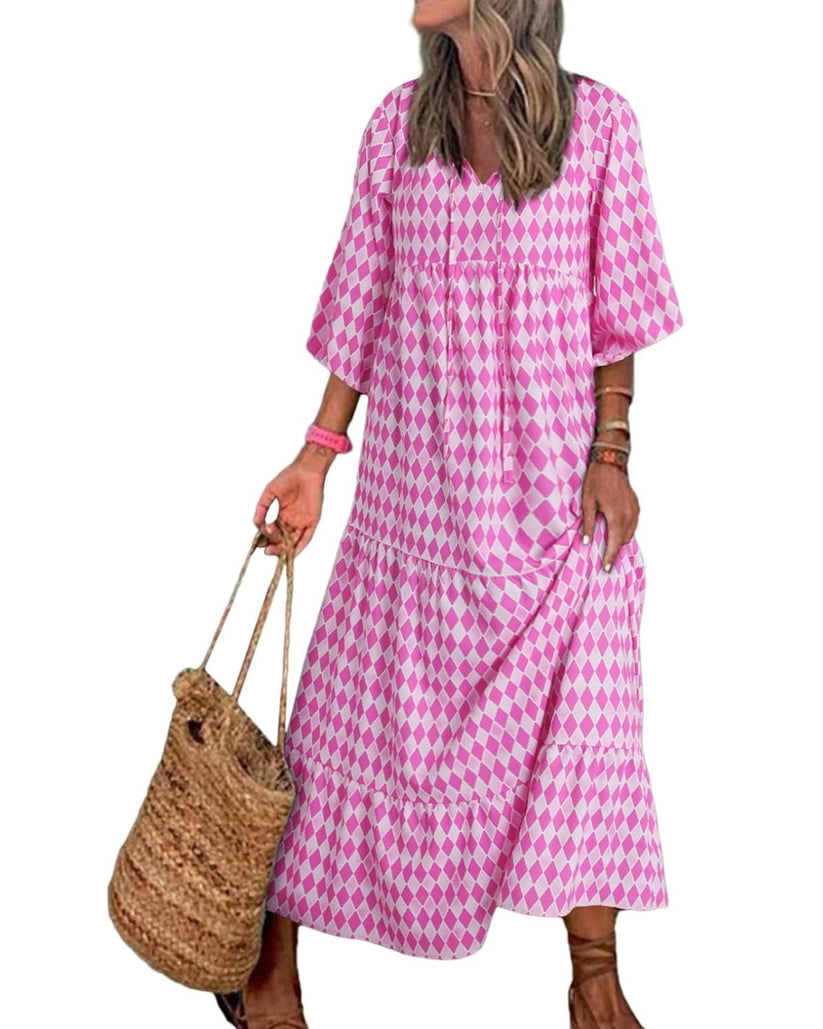 Miriam™ Rochie geometrică boemă maxi cu mâneci bufante