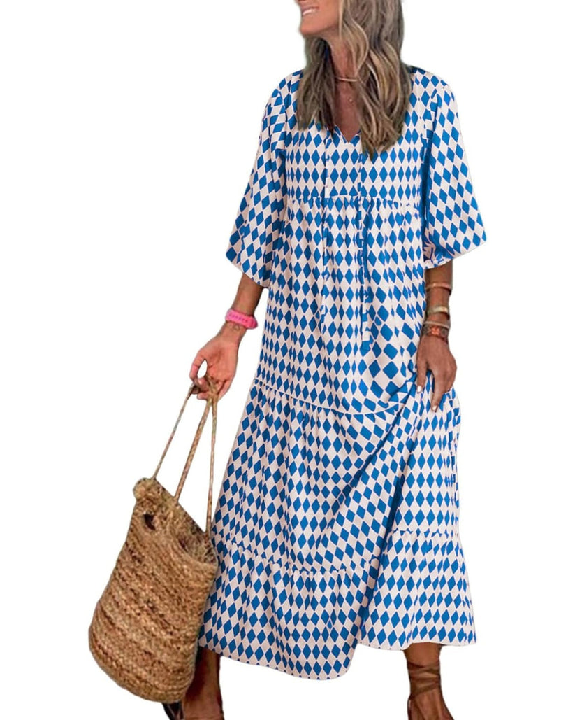 Miriam™ Rochie geometrică boemă maxi cu mâneci bufante