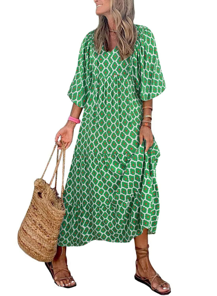Miriam™ Rochie geometrică boemă maxi cu mâneci bufante