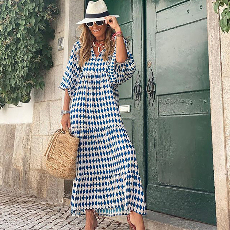 Miriam™ Rochie geometrică boemă maxi cu mâneci bufante