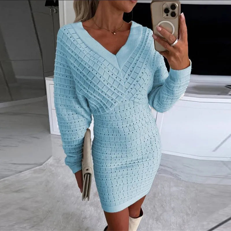 Eloisa™ Rochie tricotata cu maneci lungi si decolteu in V