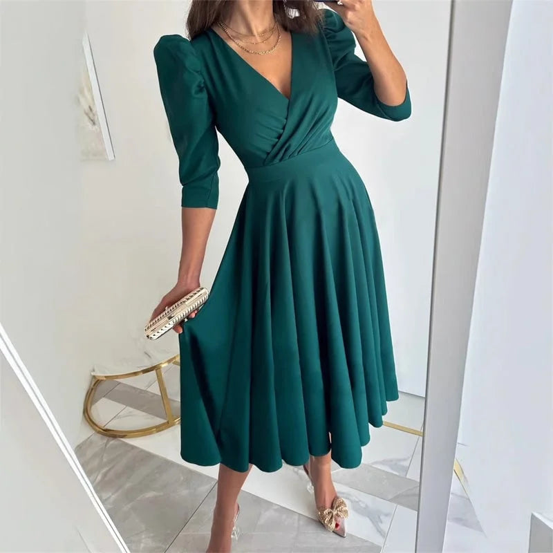 Messalina™ Rochie midi cu decolteu în V plisat și talie subțire