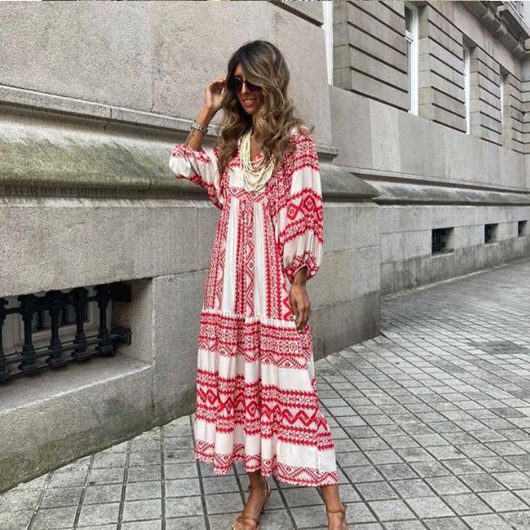 Miriam™ Rochie geometrică boemă maxi cu mâneci bufante