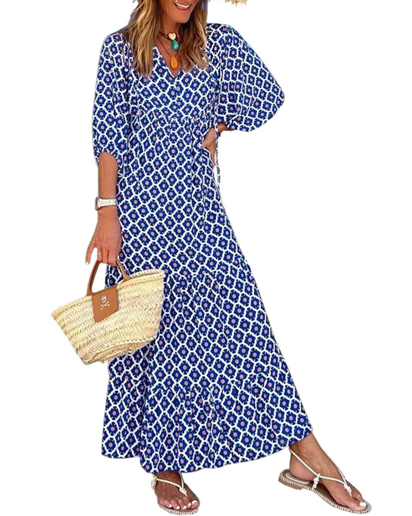 Miriam™ Rochie geometrică boemă maxi cu mâneci bufante